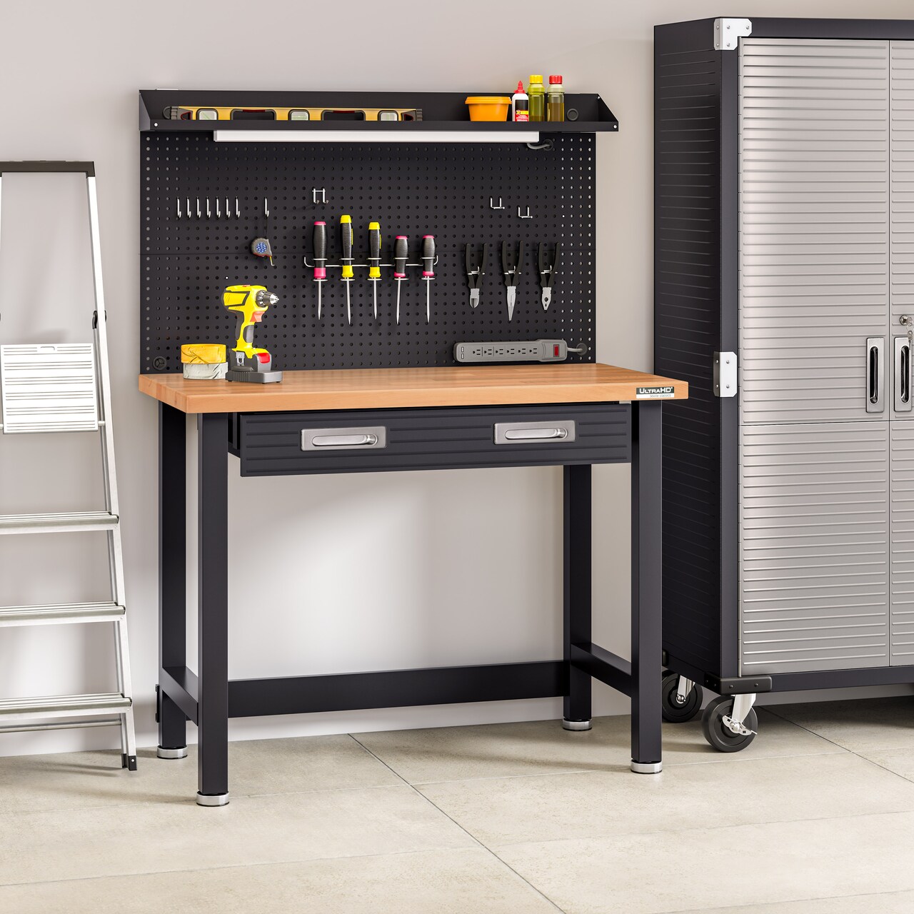 Seville Classics UltraHD Lighted Workcenter w/ Wood Top and Pegboard